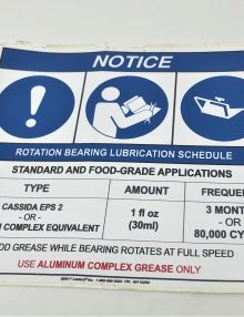 30116202 - LABEL REGULATORY ANSI NOTICE 'ROTATION BEARING LUBRICATION SCHEDULE' ISO:  NOTICE, SEE MANUAL, LUBRICATE (SIZE = 5.50 X 5.00) - SLEW RING BEARING